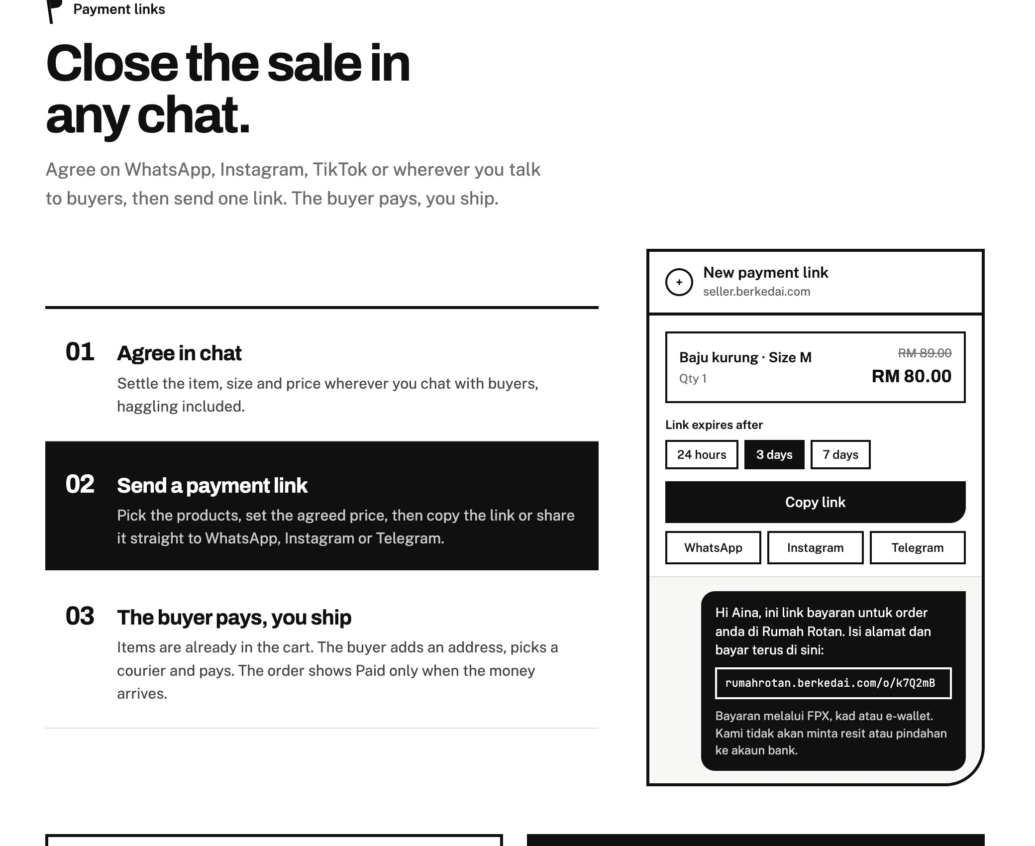 Creating a payment link to send in chat