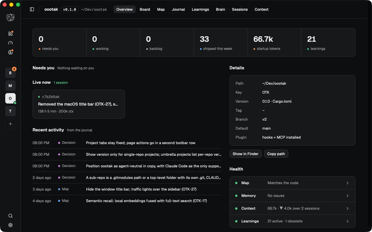oootak project overview with live session and recent decisions
